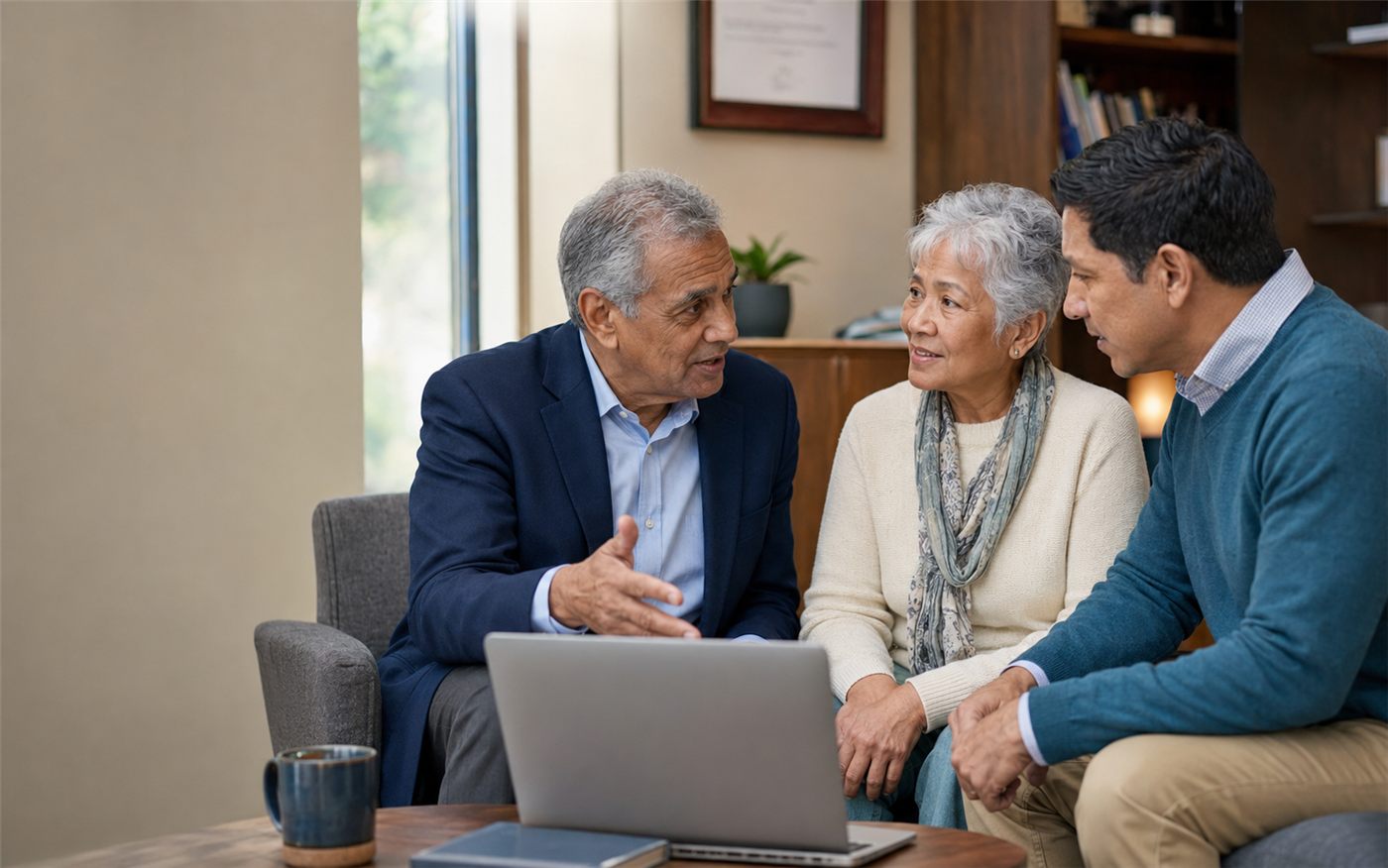 A physician talking with an older adult and a family member